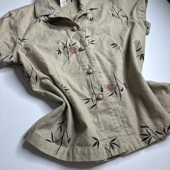 Linen Bamboo Print Shirt John Paul Richard M Cottage Naturecore Button Blouse - Picture 5 of 10